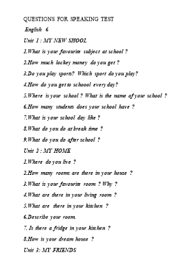 Questions for speaking test English 6